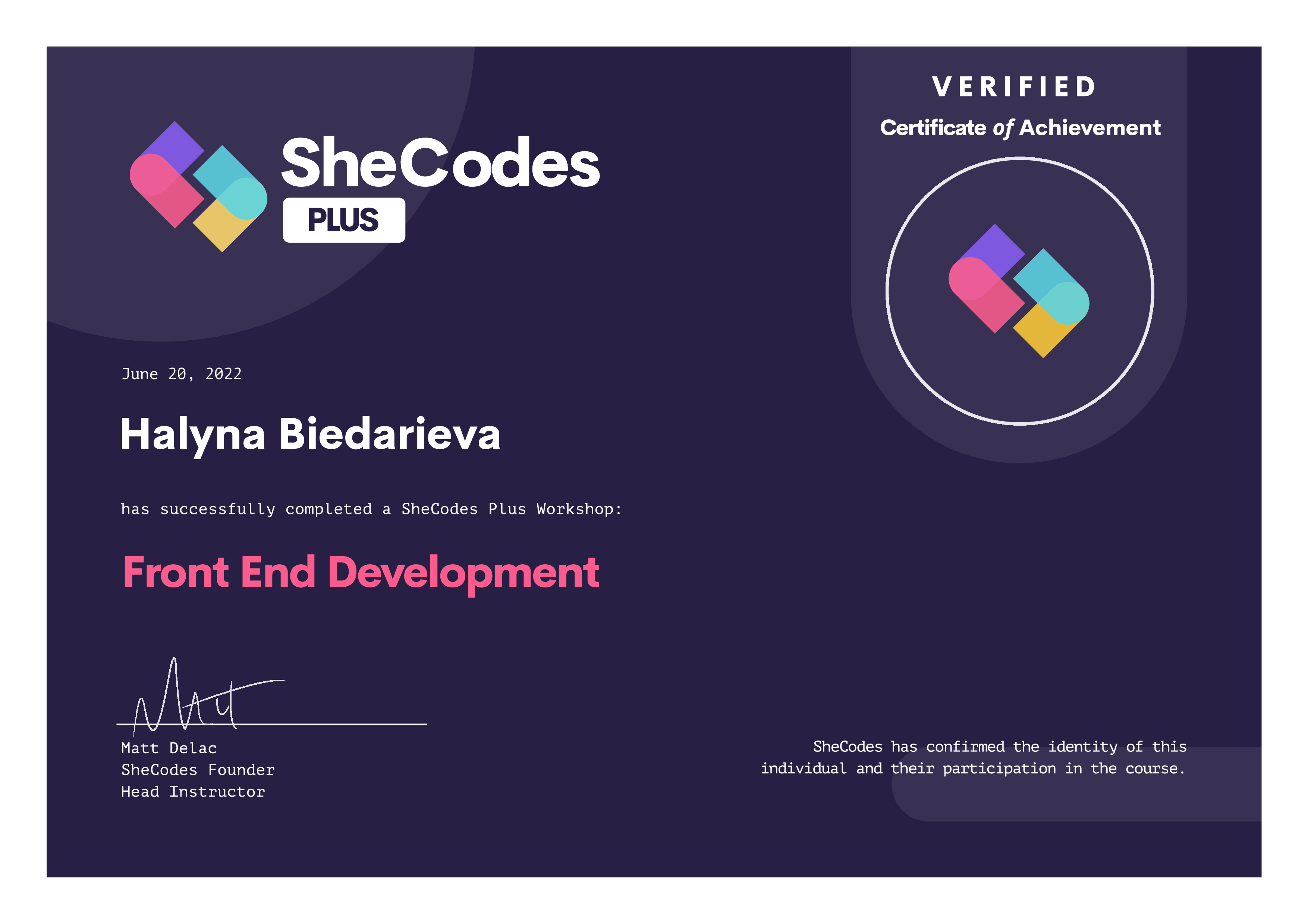 my SheCodes Plus certificate preview